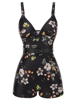 Best Retro Stage [US Warehouse] Black 1940s Floral Boxer Straps Swimsuit