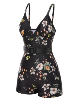 Best Retro Stage [US Warehouse] Black 1940s Floral Boxer Straps Swimsuit