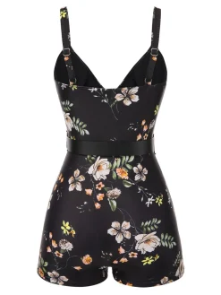 Best Retro Stage [US Warehouse] Black 1940s Floral Boxer Straps Swimsuit