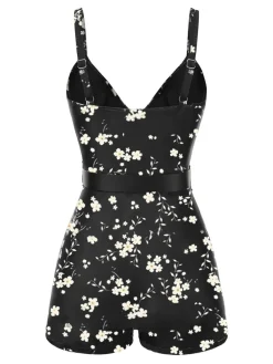 Best Retro Stage [US Warehouse] Black 1940s Floral Boxer Straps Swimsuit