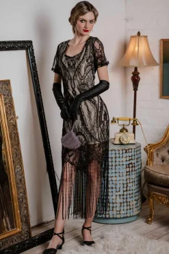 Best Retro Stage [US Warehouse] 1920s Fringe Lace Flapper Dress Black