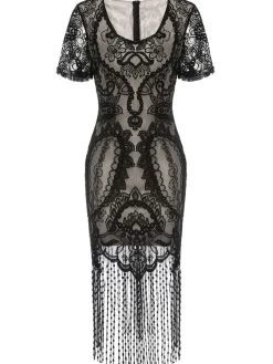 Best Retro Stage [US Warehouse] 1920s Fringe Lace Flapper Dress Black