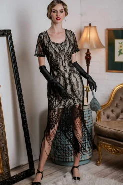 Best Retro Stage [US Warehouse] 1920s Fringe Lace Flapper Dress Black