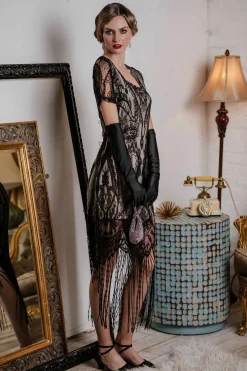Best Retro Stage [US Warehouse] 1920s Fringe Lace Flapper Dress Black