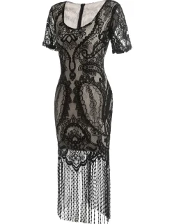 Best Retro Stage [US Warehouse] 1920s Fringe Lace Flapper Dress Black