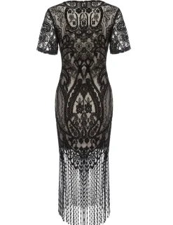 Best Retro Stage [US Warehouse] 1920s Fringe Lace Flapper Dress Black