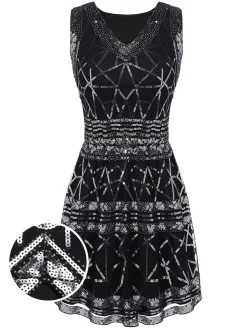Hot Retro Stage [US Warehouse] 1920s Geometric Sequined Dress Black