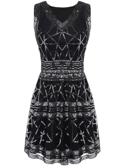 Hot Retro Stage [US Warehouse] 1920s Geometric Sequined Dress Black