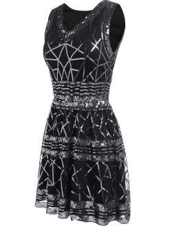 Hot Retro Stage [US Warehouse] 1920s Geometric Sequined Dress Black