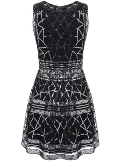 Hot Retro Stage [US Warehouse] 1920s Geometric Sequined Dress Black