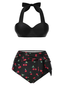 Hot Retro Stage [US Warehouse] 1950s Halter Cherry Bikini Set Black