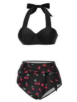 Hot Retro Stage [US Warehouse] 1950s Halter Cherry Bikini Set Black