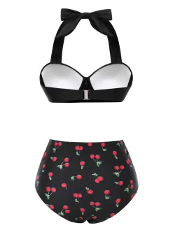 Hot Retro Stage [US Warehouse] 1950s Halter Cherry Bikini Set Black