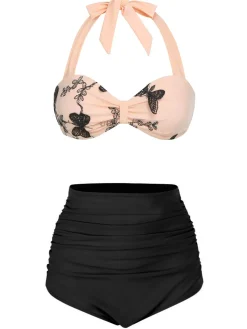 New Retro Stage [US Warehouse] 1950s Halter Butterfly Swimsuit Black