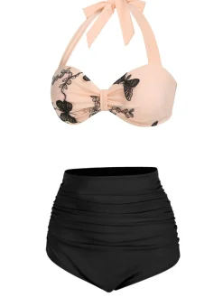 New Retro Stage [US Warehouse] 1950s Halter Butterfly Swimsuit Black
