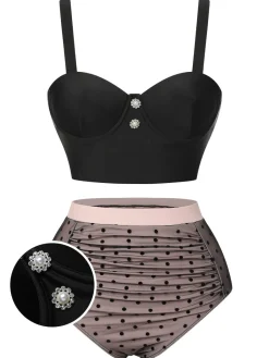 Outlet Retro Stage [US Warehouse] 1960s Polka Dots Mesh Swimsuit Black