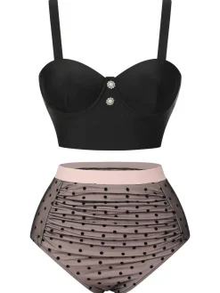 Outlet Retro Stage [US Warehouse] 1960s Polka Dots Mesh Swimsuit Black