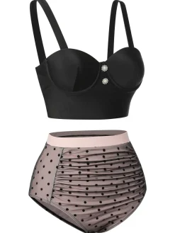 Outlet Retro Stage [US Warehouse] 1960s Polka Dots Mesh Swimsuit Black