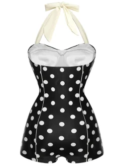 Discount Retro Stage [US Warehouse] 1950s Polka Dots Halter Swimsuit Black