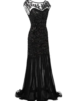 Best Retro Stage [US Warehouse] Black 1920s Sequin Maxi Flapper Dress