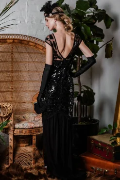 Best Retro Stage [US Warehouse] Black 1920s Sequin Maxi Flapper Dress