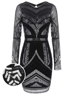 Fashion Retro Stage [US Warehouse] 1920s Sequined Geometric Dress Black