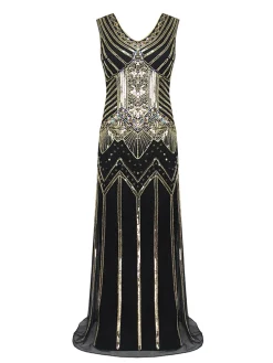 Hot Retro Stage [US Warehouse] 1920s Sequin Flapper Maxi Dress Black