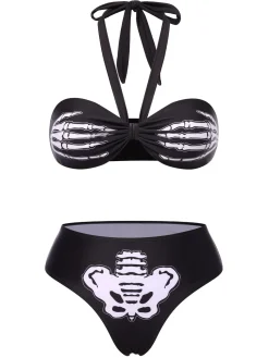 New Retro Stage [US Warehouse] 1970s Skeleton Hand Halter Bikini Set Black