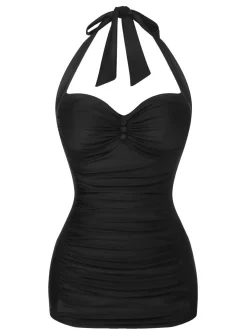 Discount Retro Stage [US Warehouse] Black 1950s Solid Gathered Halter Swimsuit