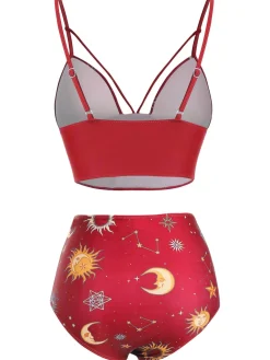 Best Retro Stage [US Warehouse] Black 1940s Sun Moon Stars Lace-Up Swimsuit