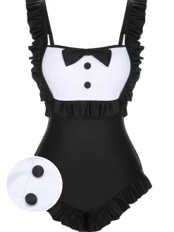 Outlet Retro Stage [US Warehouse] 1960s Tuxedo Ruffle Strap Swimsuit Black