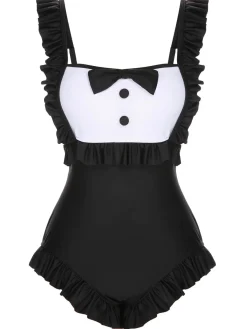 Outlet Retro Stage [US Warehouse] 1960s Tuxedo Ruffle Strap Swimsuit Black