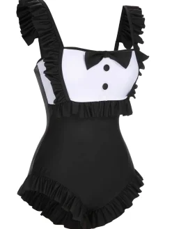 Outlet Retro Stage [US Warehouse] 1960s Tuxedo Ruffle Strap Swimsuit Black