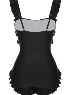 Outlet Retro Stage [US Warehouse] 1960s Tuxedo Ruffle Strap Swimsuit Black