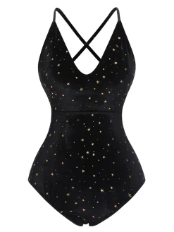 Online Retro Stage [US Warehouse] 1960s Velvet Back Cross Straps Swimsuit Black