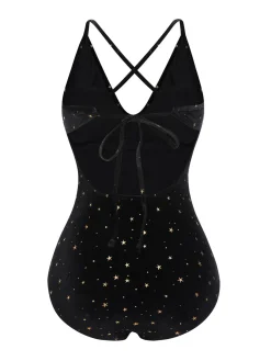 Online Retro Stage [US Warehouse] 1960s Velvet Back Cross Straps Swimsuit Black