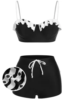 New Retro Stage [US Warehouse] White 1950s Dots Layered Strap Swimsuit Black