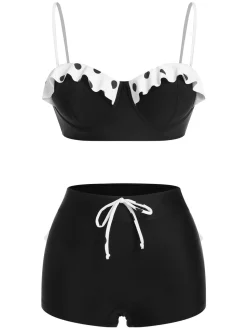 New Retro Stage [US Warehouse] White 1950s Dots Layered Strap Swimsuit Black