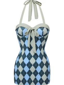 Best Retro Stage [US Warehouse] 1950s Argyle Halter One-Piece Swimsuit Blue Gray