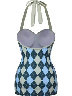 Best Retro Stage [US Warehouse] 1950s Argyle Halter One-Piece Swimsuit Blue Gray
