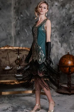 Sale Retro Stage [US Warehouse] 1920s Beaded Fringed Dress Blue
