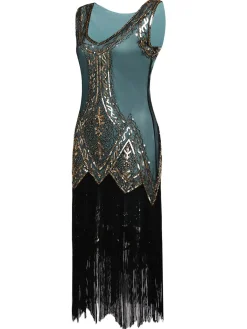 Sale Retro Stage [US Warehouse] 1920s Beaded Fringed Dress Blue