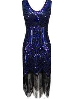 Hot Retro Stage [US Warehouse] 1920s Beaded Fringed Flapper Dresses Blue