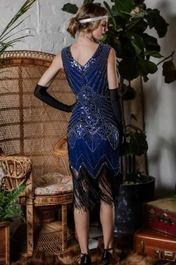 Hot Retro Stage [US Warehouse] 1920s Beaded Fringed Flapper Dresses Blue