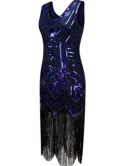 Hot Retro Stage [US Warehouse] 1920s Beaded Fringed Flapper Dresses Blue
