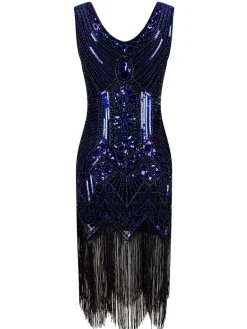 Hot Retro Stage [US Warehouse] 1920s Beaded Fringed Flapper Dresses Blue