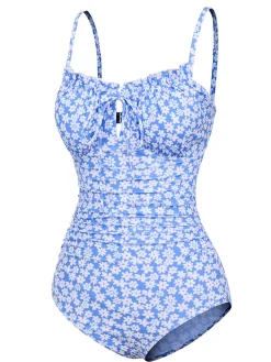 Hot Retro Stage [US Warehouse] 1980s Ditsy Floral Strap Swimsuit Blue