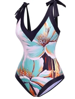 Online Retro Stage [US Warehouse] Blue 1950s Floral Patchwork Shoulder Tie Swimsuit Light Blue