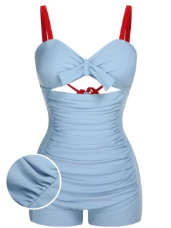 Clearance Retro Stage [US Warehouse] Blue 1930s Folds Back Strap One-Piece Swimsuit Blue Grey