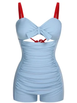 Clearance Retro Stage [US Warehouse] Blue 1930s Folds Back Strap One-Piece Swimsuit Blue Grey